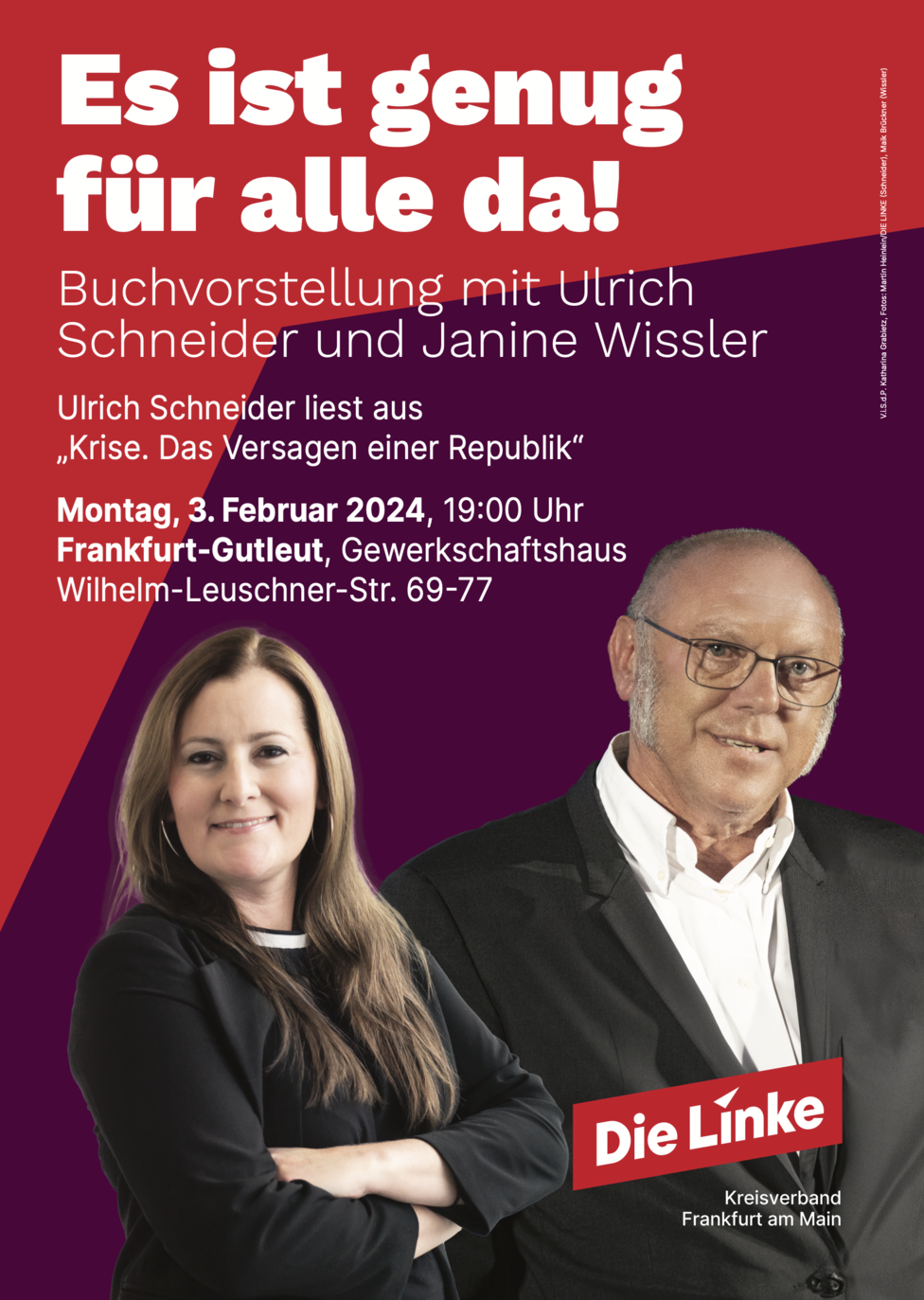 Es ist genug für alle da. Veranstaltungsplakat. Portraits von Janine Wissler und Ulrich Schneider