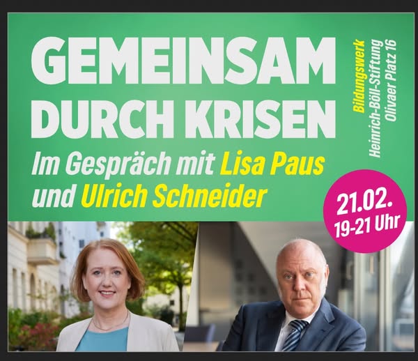 Veranstaltunsflyer "Gemeinsam durch Krisen - im Gespräch mit Lisa Paus und Ulrich Schneider"