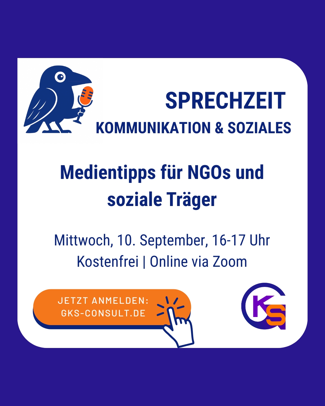 Sprechzeit Kommunikation und Soziales: Medientipps für NGOs und soziale Träger. Mittwoch, 10. September, 16-17 Uhr. Kostenfrei. Online via Zoom. Jetzt anmelden!