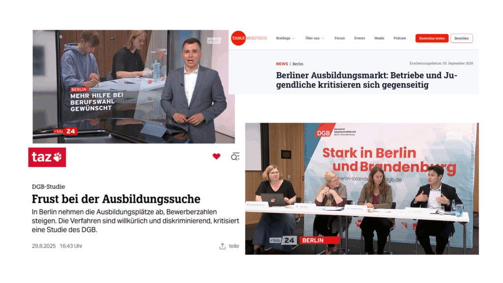 Collage verschiedener Screenshots von Medienmeldungen zur DGB-Umfrage zu Ausbildungssuche